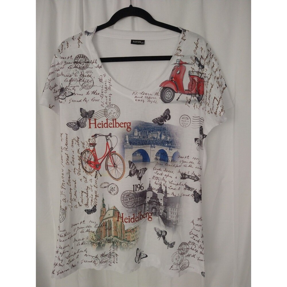 Safon Graphic Tee Women’s XXL White V-Neck Rock Style T-Shirt city quote Europe